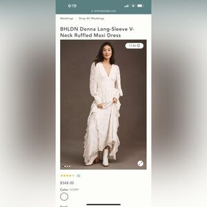 BHLDN Donna Long-Sleeve V-Neck Ruffled Maxi Dress - Size L - Ivory - NWT